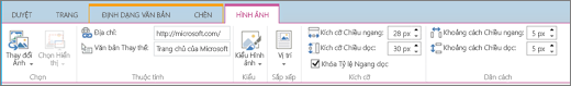 Ảnh chụp màn hình hiển thị một phần dải băng SharePoint Online với tab Hình ảnh được chọn và các lựa chọn sẵn dùng trong các nhóm Chọn, Thuộc tính, Kiểu, Sắp xếp, Kích cỡ và Giãn cách.