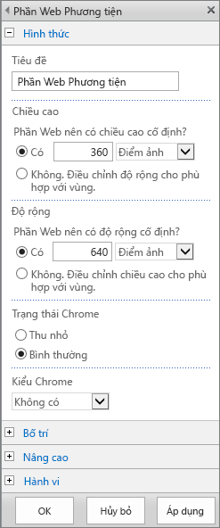 Ảnh chụp màn hình hộp thoại Phần Web Phương tiện trong SharePoint Online sẽ cho biết cài đặt liên quan đến Diện mạo, Bố trí, Nâng cao và Hành vi dành cho các tệp phương tiện. Các tùy chọn cho Diện mạo sẽ được hiển thị, bao gồm tiêu đề, chiều cao, chiều rộng và trạng thái cũng như kiểu chrome.