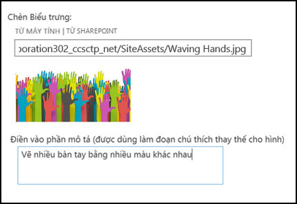 Hộp thoại logo và tiêu đề trang mới trong SharePoint Online, hiển thị cách tạo văn bản thay thế cho hình ảnh logo