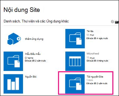 Trang Nội dung Site trên site đơn giản trong SharePoint Online, tô sáng lát xếp Tài nguyên Site