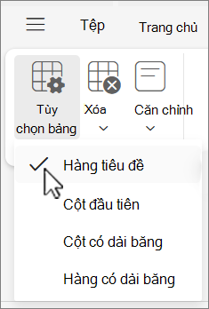Menu tùy chọn Bảng hiển thị tùy chọn Hàng tiêu đề được chọn Outlook trên web.