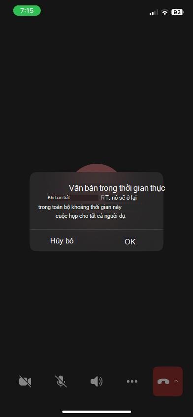 Cửa sổ cuộc họp Teams với pa-nen RTT ở dưới cùng trên thiết bị iOS.