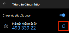 Mật mã một lần được hiển thị trong tab Authenticator của Outlook mobile