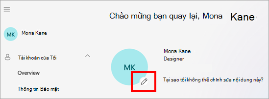 Ảnh chụp màn hình cổng thông tin Tài khoản của Tôi hiển thị ảnh hồ sơ người dùng, tên và các tùy chọn thiết đặt tài khoản khác nhau như ngôn ngữ, múi giờ và cài đặt quyền riêng tư. Biểu tượng chỉnh sửa sẽ hiển thị trên ảnh hồ sơ, cho biết vị trí người dùng có thể bấm để cập nhật ảnh của họ.