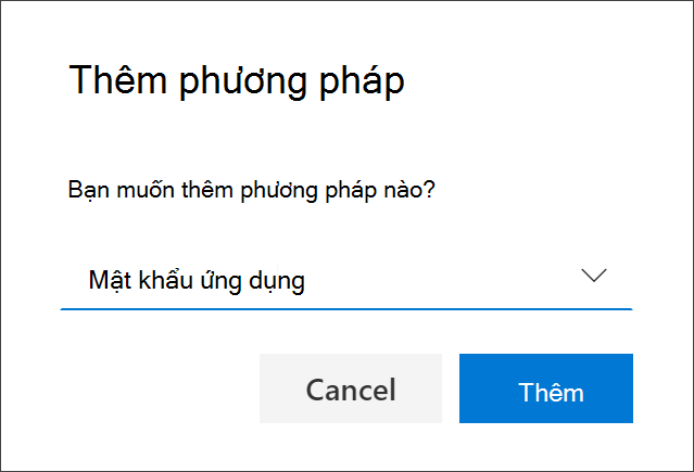 Hộp Thêm phương pháp, với Mật khẩu ứng dụng được chọn