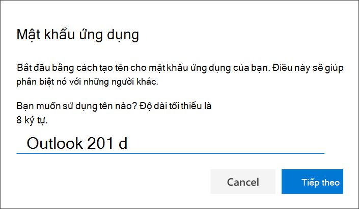 Ảnh chụp màn hình hiển thị trang Mật khẩu ứng dụng, với tên của ứng dụng đã nhập