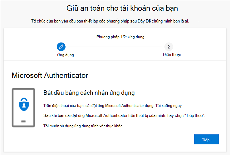 Giữ cho trình hướng dẫn bảo mật tài khoản của bạn, hiển thị trang tải xuống ứng dụng Authenticator