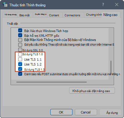 Ảnh chụp màn hình hiển thị thiết đặt TLS trong Thuộc tính Internet