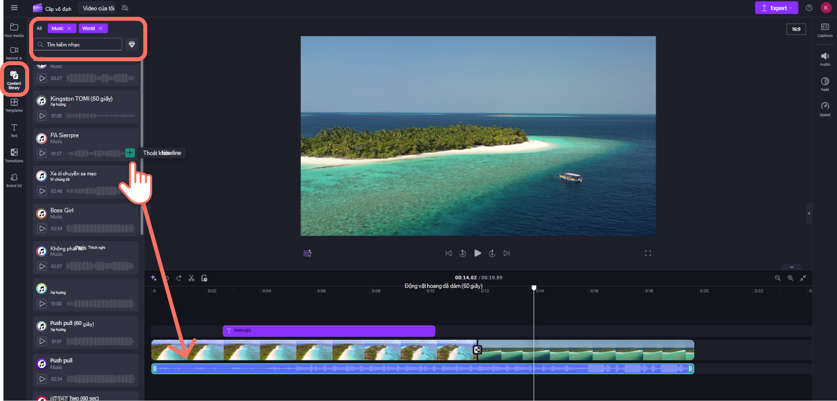Ảnh chụp màn hình một Clipchamp tài khoản cá nhân mà người dùng thêm nhạc cổ phiếu vào dòng thời gian.