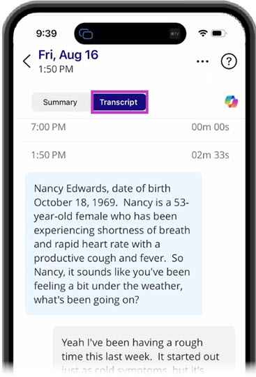 Highlighted image shows Transcript tab in DAX Copilot mobile app