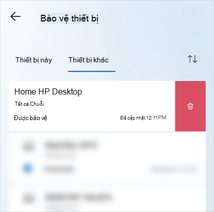 Trên thiết bị di động, vuốt sang trái trên thiết bị, sau đó chọn biểu tượng loại bỏ thiết bị ở bên phải thẻ thiết bị.