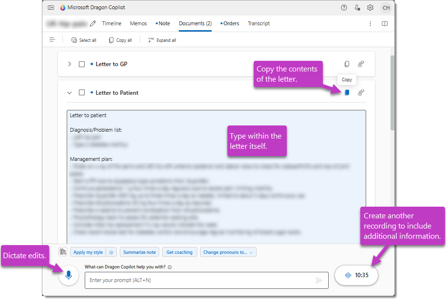Image describing the options when working with documents in Dragon Copilot.