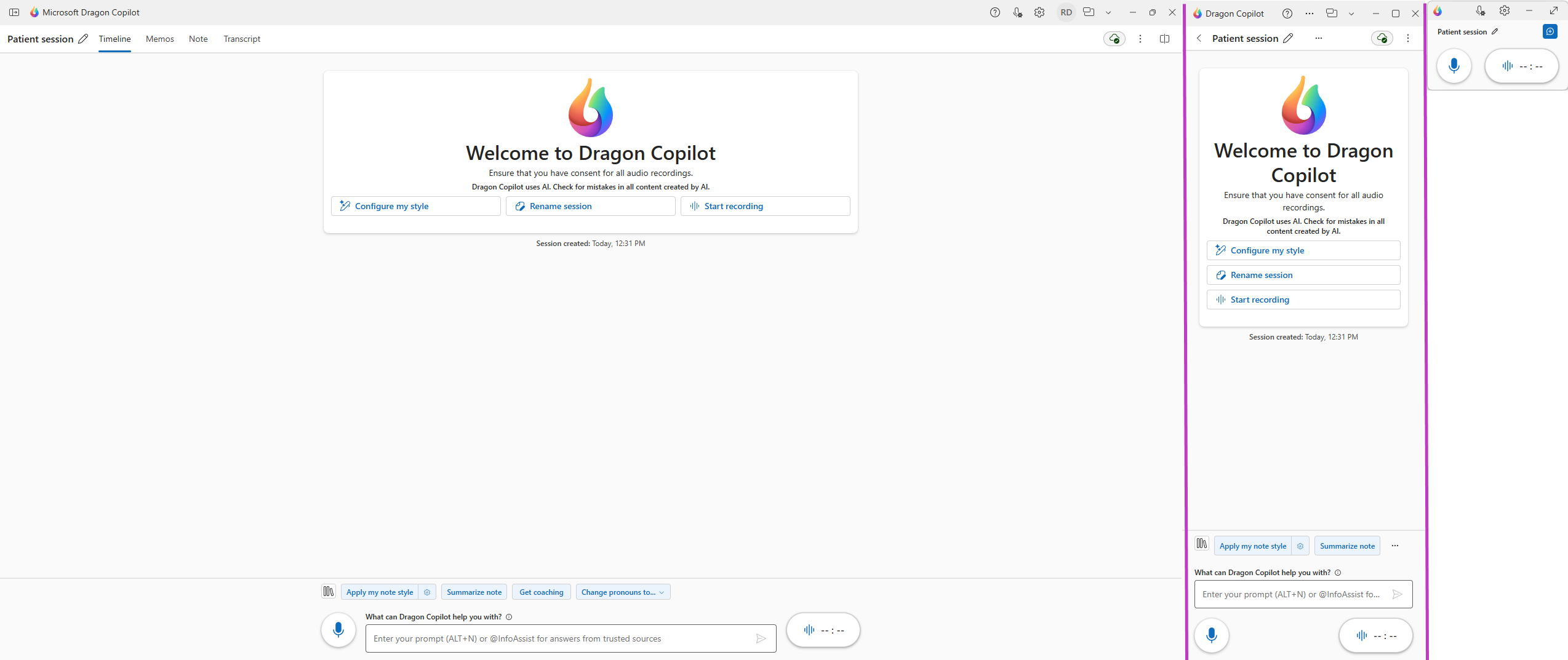 Screenshot that shows comparison of Dragon Copilot desktop views: standard, narrow, and compact