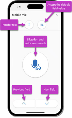 Image of the Mobile mic screen in the Dragon Copilot mobile app and the available button actions.