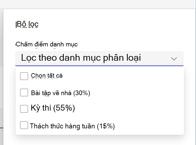 Hiển thị Danh mục Chấm điểm được bung rộng trong Danh sách Bài tập