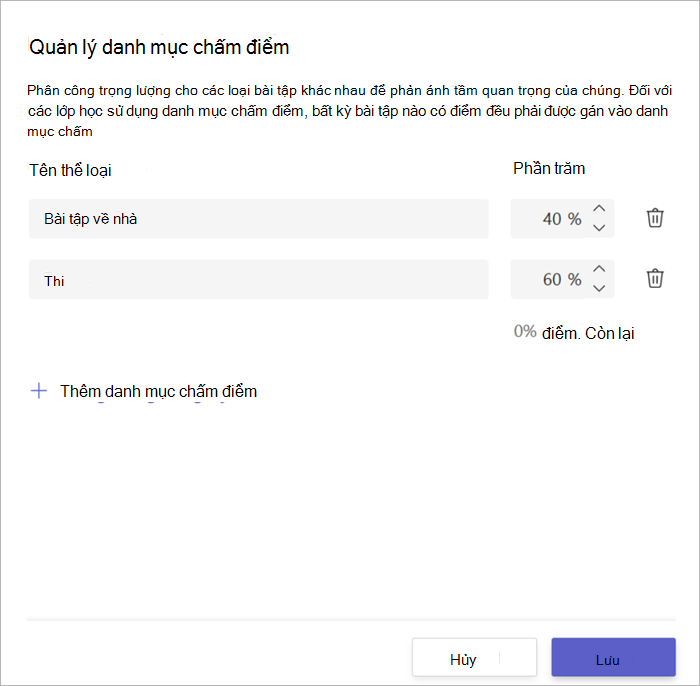 ảnh chụp màn hình cửa sổ chấm điểm danh mục hiển thị 2 danh mục, bài tập về nhà cho 40% và bài kiểm tra cho 60%