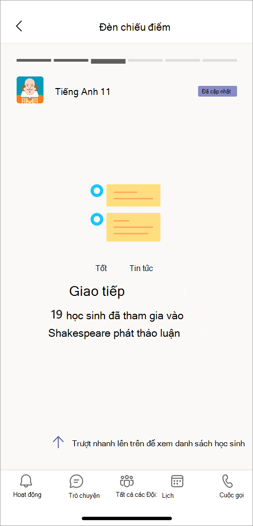 Ảnh chụp màn hình hiển thị tiêu điểm dữ liệu Giao tiếp từ Thông tin chi tiết trong dạng xem di động cho thấy một giáo viên có 19 học sinh đã tham gia vào cuộc thảo luận Shakespeare.