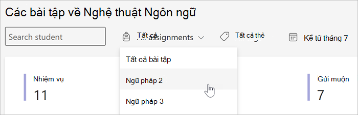 ảnh chụp màn hình các bộ lọc có sẵn trong dạng xem Bài tập và Điểm của Thông tin chi tiết. bạn có thể tìm kiếm theo học sinh, theo bài tập theo thẻ hoặc theo ngày.