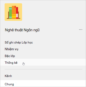 Ảnh chụp màn hình dẫn hướng bên trái trong Teams, một danh sách hiển thị sổ ghi chép của lớp, bài tập, điểm, sau đó là thông tin chuyên sâu.