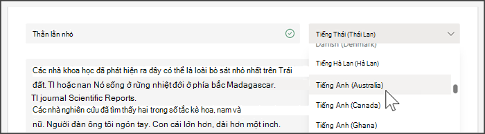 ảnh chụp màn hình hiển thị menu thả xuống để chọn ngôn ngữ