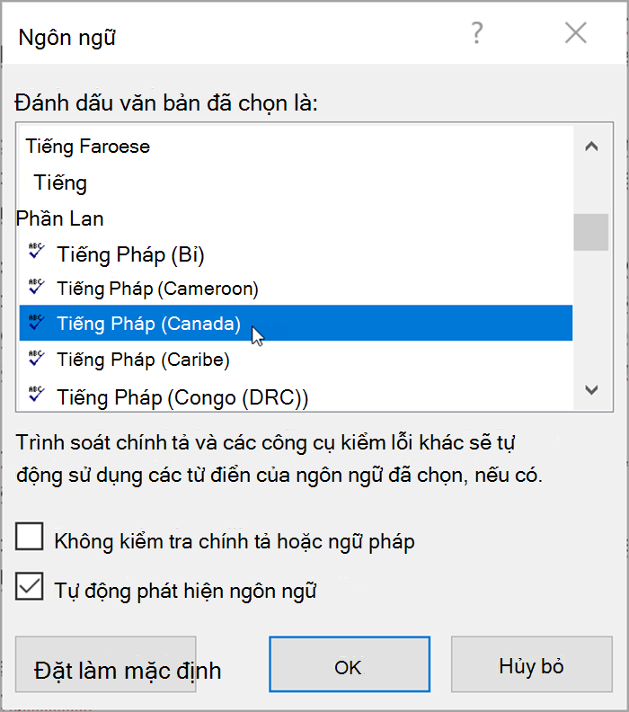 Ảnh chụp màn hình từ Word. Cửa sổ bật lên liệt kê các ngôn ngữ có thể được chọn. Tự động phát hiện ngôn ngữ được chọn.