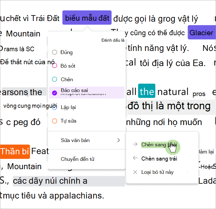 chụp màn hình của ngăn xem lại tiến trình đọc hiển thị cách chèn từ vào bên phải hoặc bên trái của từ đã chọn