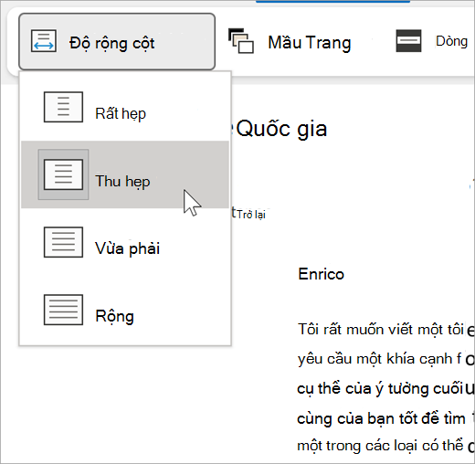 ảnh chụp màn hình menu thả xuống độ rộng cột cho bộ đọc chân thực, các tùy chọn rất hẹp, hẹp, trung bình, rộng