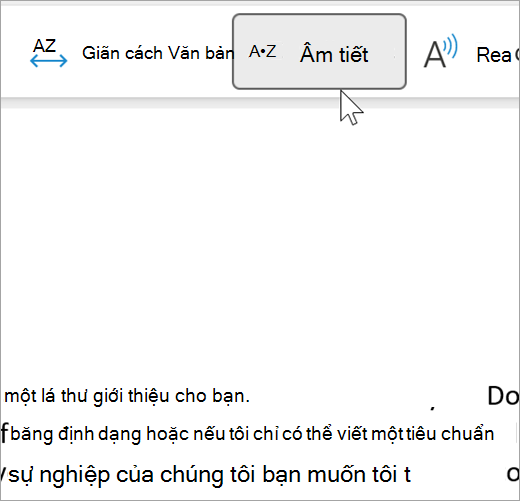 Ảnh chụp màn hình tính năng Âm tiết của bộ đọc chân thực được chọn và hiển thị một vài từ trong email được phân tách thành âm tiết. các đề xuất từ được hiển thị như rec om om chấm men dot da dot tion