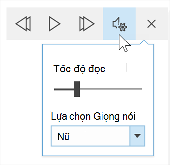 ảnh chụp màn hình thanh công cụ tùy chọn giọng nói của Trình đọc chân thực. Chuột di chuột qua cài đặt cho thấy nút bật tắt để đọc tốc độ và menu thả xuống cho lựa chọn giọng nói