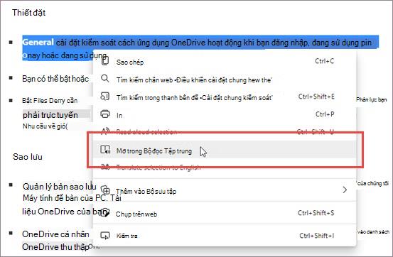Nhập Bộ đọc Tập trung thông qua menu ngữ cảnh.