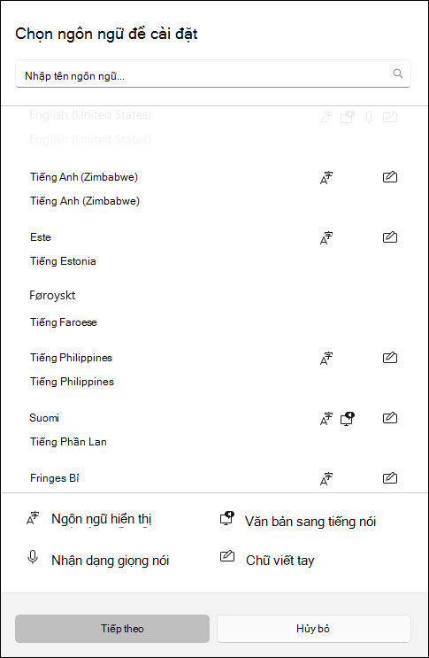 Ảnh chụp màn hình của gói ngôn ngữ có sẵn để tải xuống trong Windows 10 đặt.