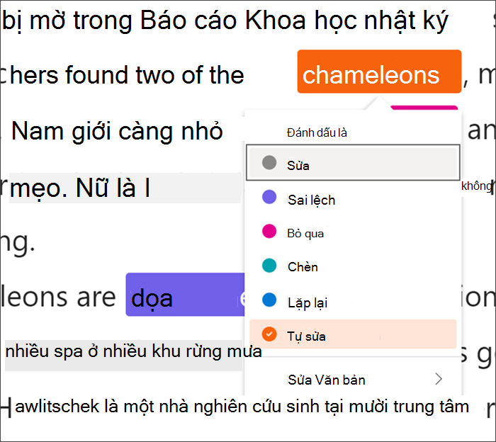 Văn bản được đánh dấu bằng lỗi, từ tắc kè hoa được đóng bọc trong một hình vuông màu đen cho biết rằng các phím tắt đang được sử dụng, menu thả xuống hiển thị tính năng tự sửa được chọn từ các loại lỗi có sẵn.