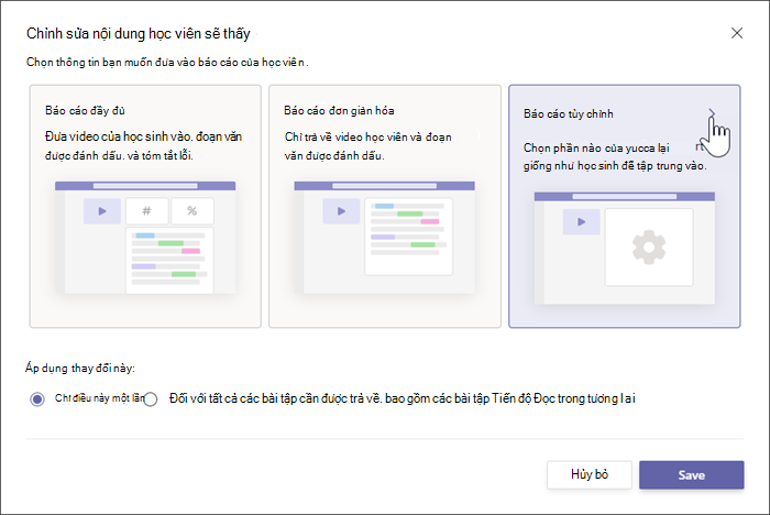 Hai tùy chọn báo cáo dành cho học viên được hiển thị, báo cáo đầy đủ bao gồm các chi tiết bằng số cụ thể về kết quả của học viên, báo cáo đơn giản chỉ hiển thị các từ nào trong văn bản mà học sinh đã bỏ lỡ.