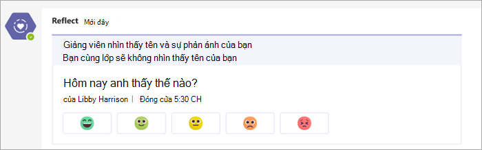 như hiển thị trong kênh nhóm lớp học. 5 nút biểu tượng cảm xúc khác nhau, từ rất thoải mái đến rất khó chịu bên dưới câu hỏi check-in bạn cảm thấy như thế nào hôm nay?