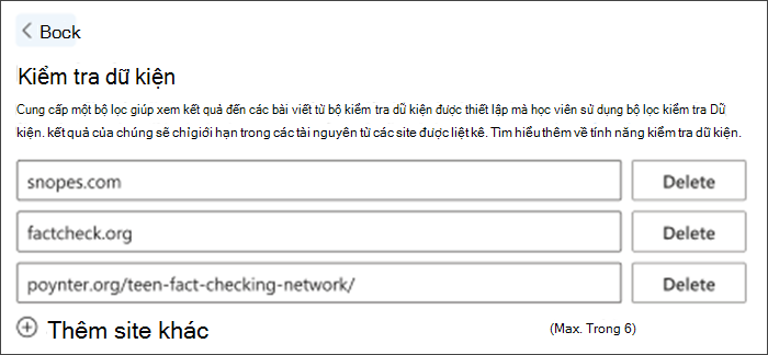 Ảnh chụp màn hình tùy chọn kiểm tra dữ kiện trong cài đặt. Ba site kiểm tra dữ kiện mặc định được liệt kê - chúng có thể bị xóa và những site khác có thể được thêm vào để đáp ứng nhu cầu của giáo viên.