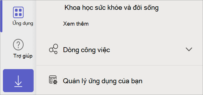Ảnh chụp màn hình Teams hiển thị nút ứng dụng, hiển thị nút Quản lý ứng dụng của bạn.