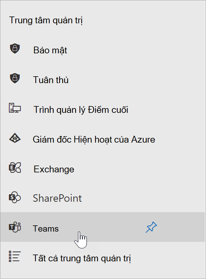 ảnh chụp màn hình trung tâm quản trị Microsoft 365 với con trỏ di qua điểm truy cập vào trung tâm quản trị Teams.