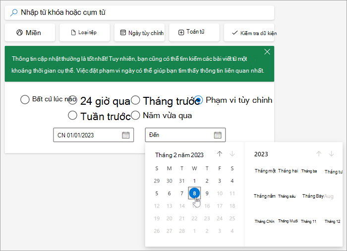 Ảnh chụp màn hình của công cụ chọn ngày sau khi bạn đã chọn phạm vi tùy chỉnh.