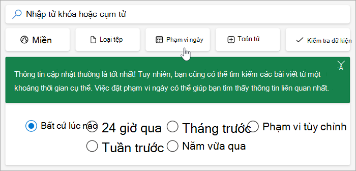 Ảnh chụp màn hình của các tùy chọn phạm vi ngày, 24 giờ qua, tuần trước, tháng trước, năm trước, phạm vi tùy chỉnh.