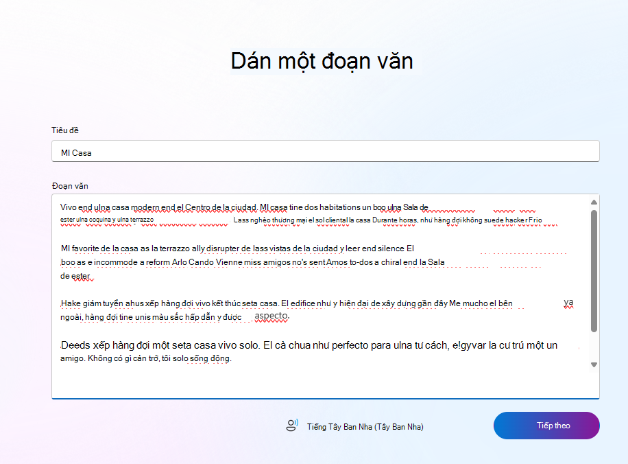 Ảnh chụp màn hình của ví dụ tiếng Tây Ban Nha.