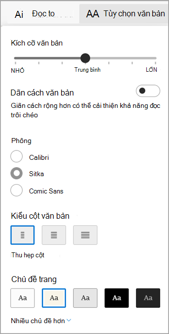 Tùy chọn văn bản Bộ đọc Tập trung cho Microsoft Edge.
