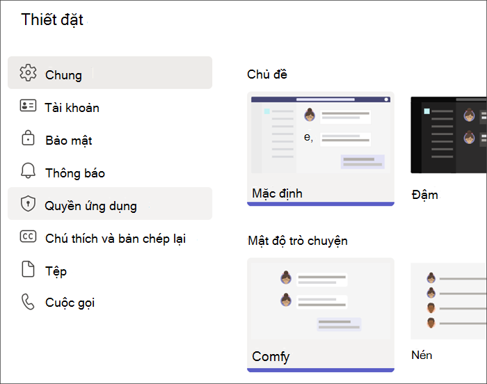 Ảnh chụp màn hình cài đặt Teams từ hồ sơ học viên. Quyền Ứng dụng được tô sáng.