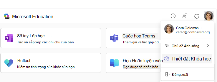 Mục menu thiết đặt khóa học