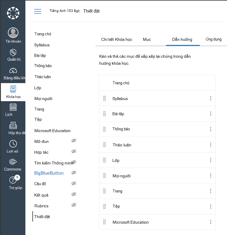 Bật liên kết dẫn hướng khóa học Microsoft Education trong Canvas