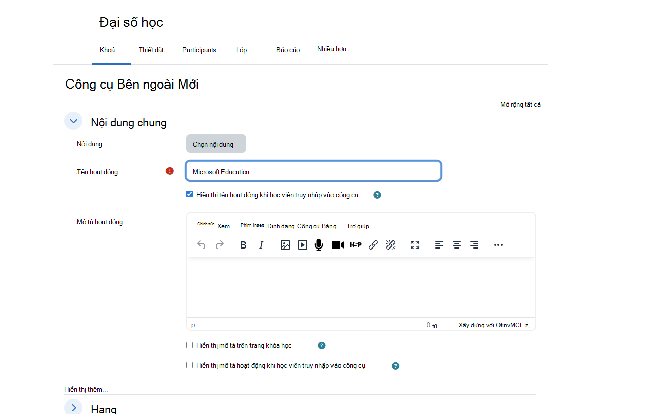 Hộp thoại Công cụ Bên ngoài Mới của Moodle