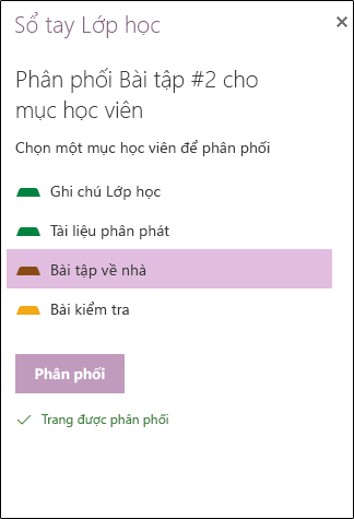 Ví dụ về bài tập được phân phối trong OneNote cho web