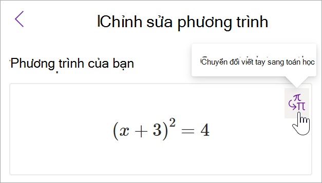 ảnh chụp màn hình ngăn trợ lý toán học trong onenote. Con trỏ di chuột qua nút viết tay sang văn bản.