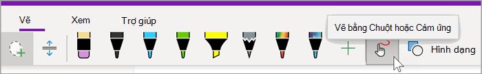 ảnh chụp màn hình tab vẽ của OneNote for Windows 10 có di chuột qua nút Vẽ bằng Chuột hoặc Cảm ứng