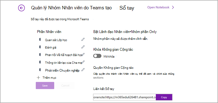 Ảnh chụp màn hình trang quản lý thiết đặt Sổ tay Nhân viên trong OneNote.