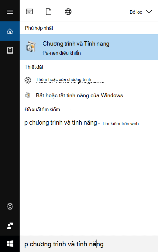 Mở menu Bắt đầu và nhập Chương trình và Tính năng